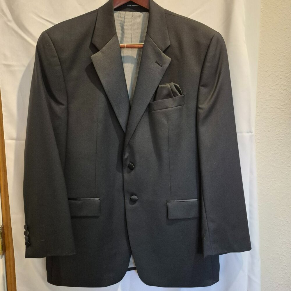 Calvin Klein Black Wool Tuxedo Pants, Jacket & Suspenders